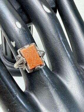 Stunning Vintage Art Deco Goldstone Ring Sterling Silver Filigree Sz 5.5